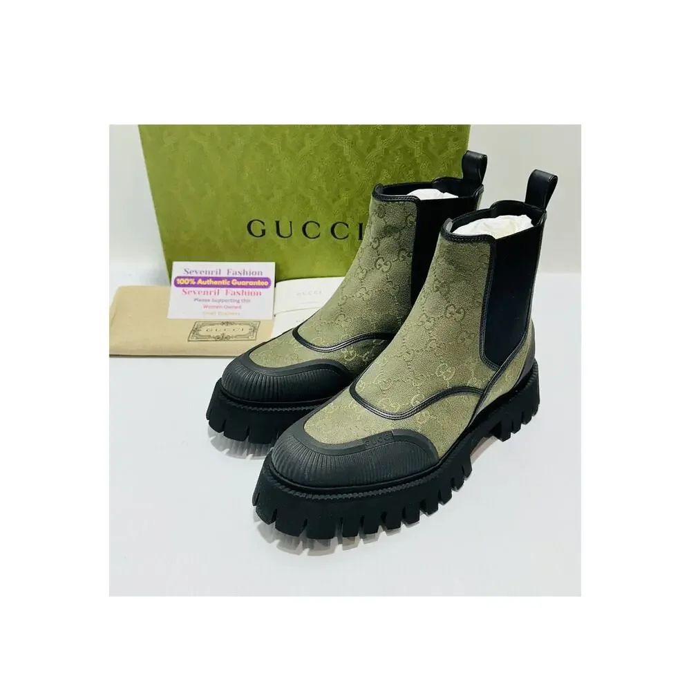 NIB Gucci GG 10.5 US 11 Jacquard Canvas Chelsea Ankle Boot Green Black $1,150